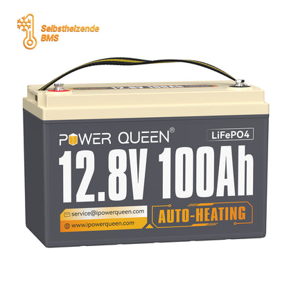 【0% MwSt.】Power Queen 12V 100Ah Selbstheizende LiFePO4 Batterie, Eingebautes 100A BMS