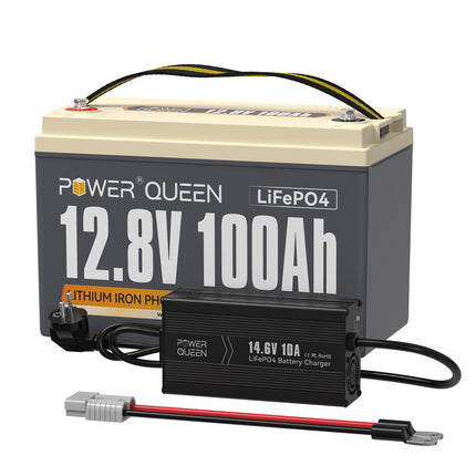 Power Queen 12V 100Ah LiFePO4 Batterie, Eingebautes 100A BMS