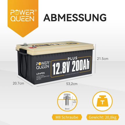 Power Queen 12V 200Ah Plus LiFePO4 Batterie, Eingebautes 200A BMS