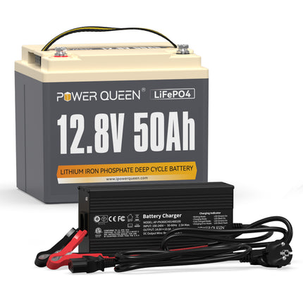 Power Queen 12V 50Ah LiFePO4 Batterie mit 14,6V 10A LiFePO4 Ladegerät