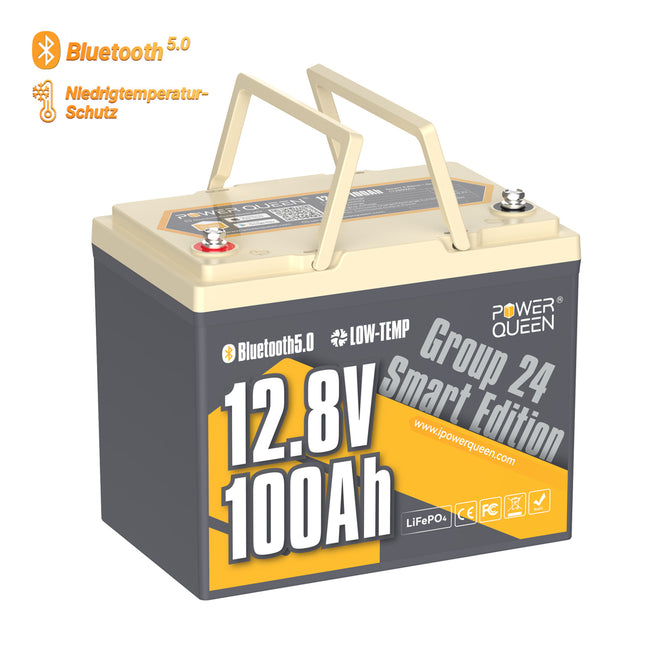 Power Queen 12V 100Ah Gruppe 24 Smart LiFePO4 Batterie mit Bluetooth