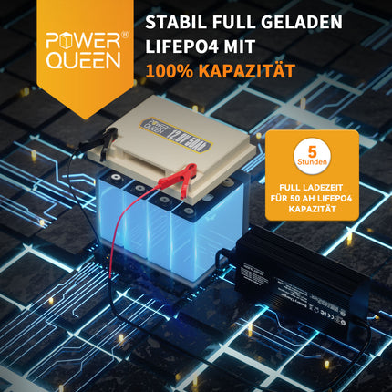 Batterie Power Queen 12V 50Ah LiFePO4 avec chargeur 14,6V 10A LiFePO4