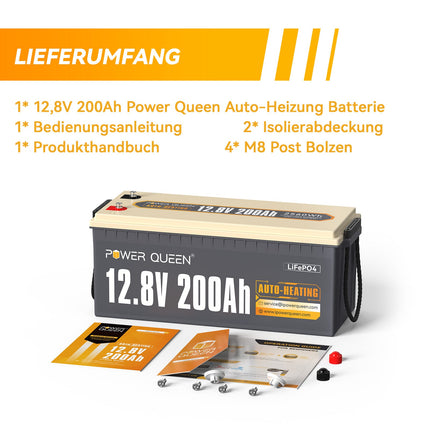 【Like New】Power Queen 12.8V 200Ah Self-Heating LiFePO4 Battery, Built-in 100A BMS