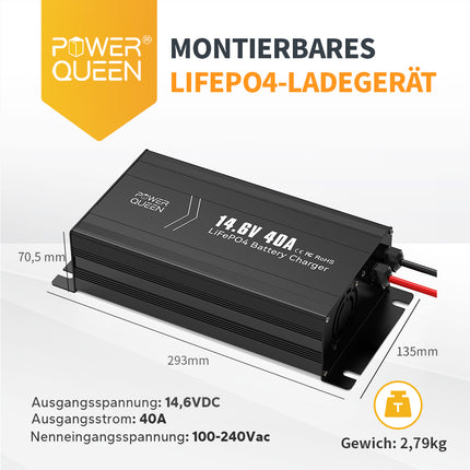 Power Queen 14,6V 40A LiFePO4 Ladegerät ohne Griff für 12V LiFePO4-Batterie