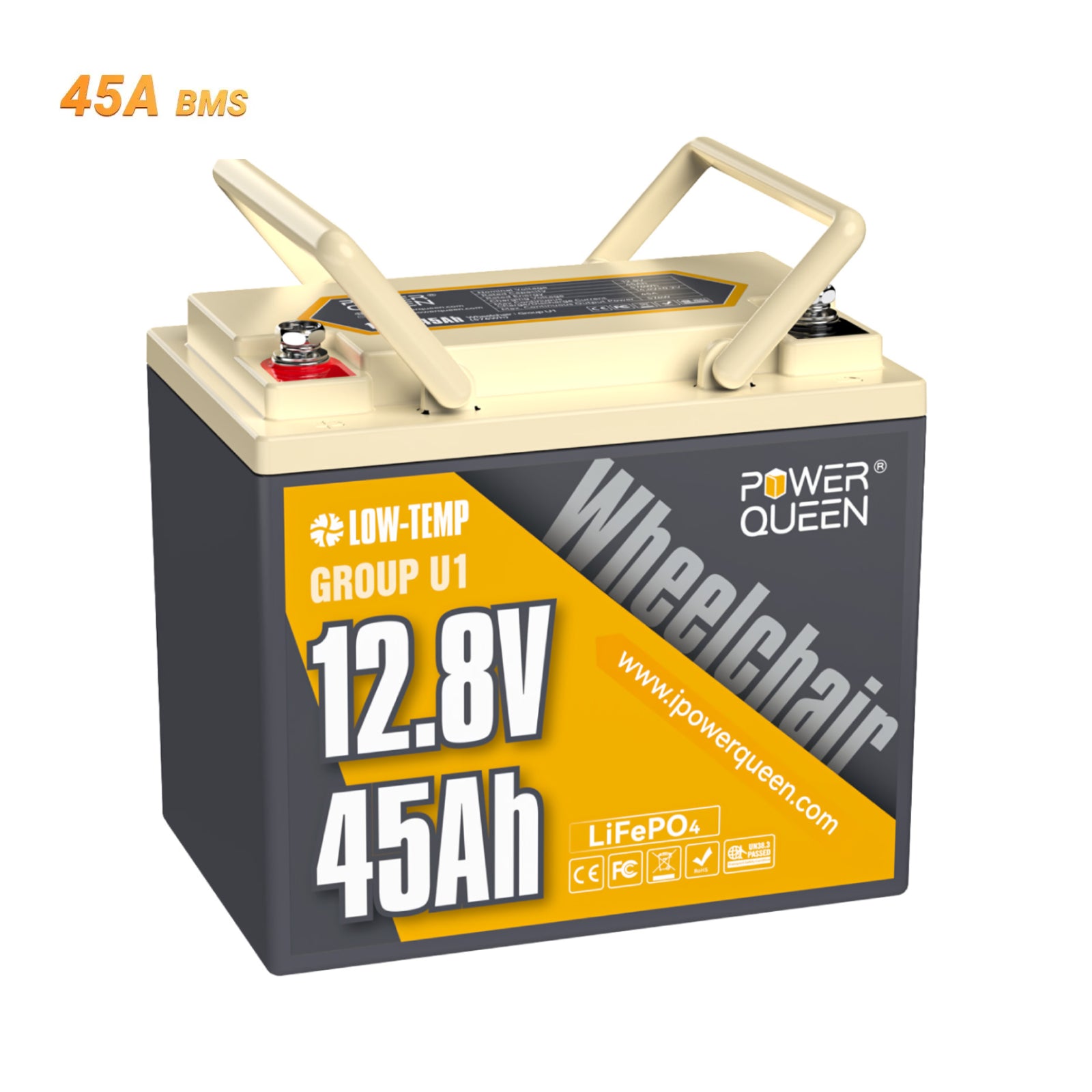 Power Queen LiFePO4 12V 45Ah Group U1 wheelchair battery