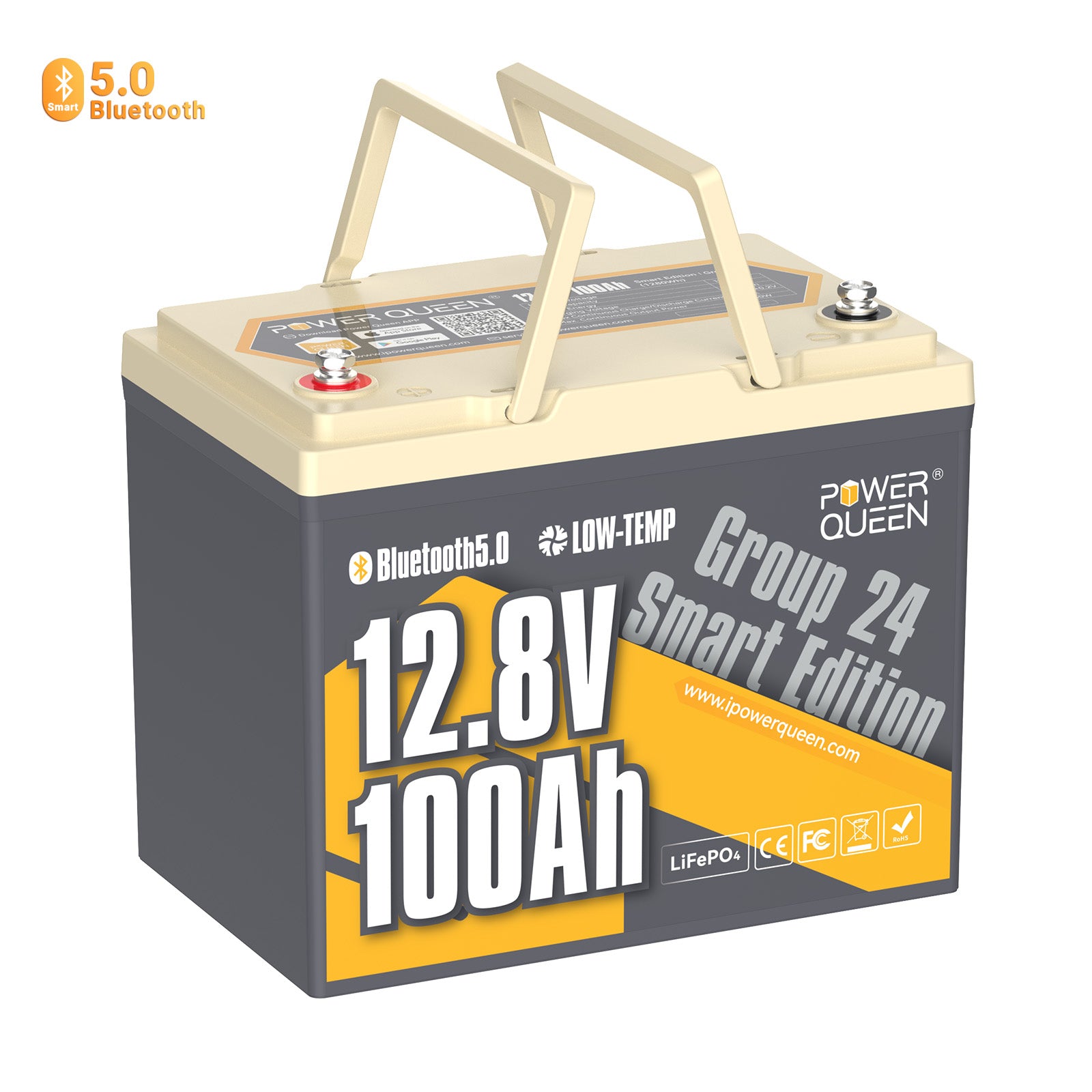 Power Queen 12V 100Ah Group 24 Smart LiFePO4 Battery with Bluetooth