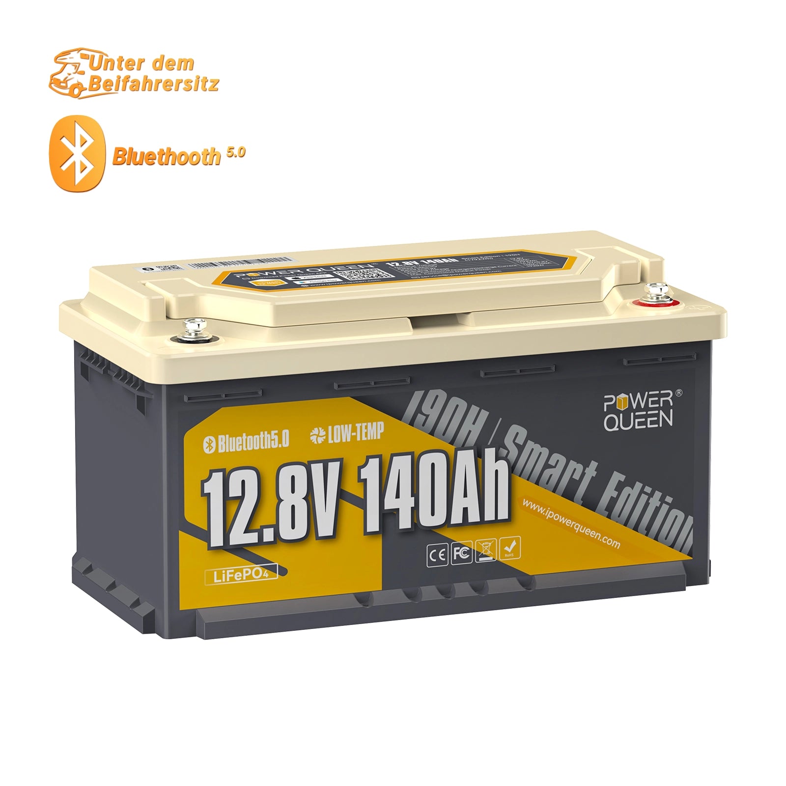 【0% MwSt.】Power Queen 12V 140Ah 190H Smart Wohnmobil LiFePO4 Batterie