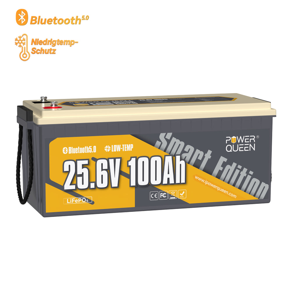 【0% MwSt.】Power Queen LiFePO4 24V 100Ah Smart Solarbatterie mit Bluetooth