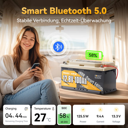 Power Queen LiFePO4 12V 100Ah 190H Smart Wohnmobil Batterie